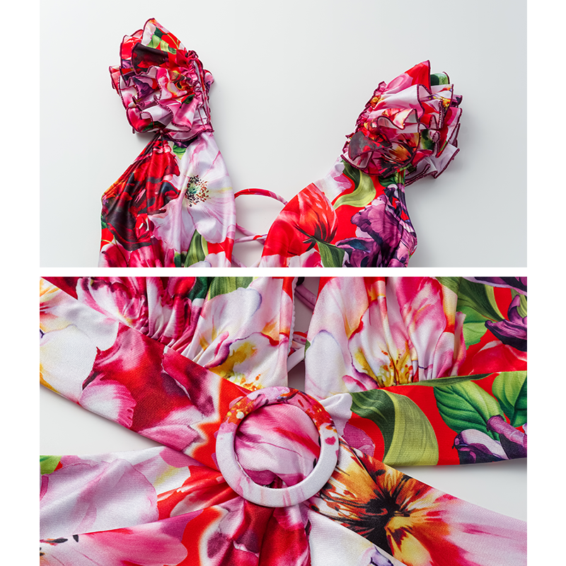 Ruffle Cut Out Floral Printed One Piece Swimsuit and Skirt