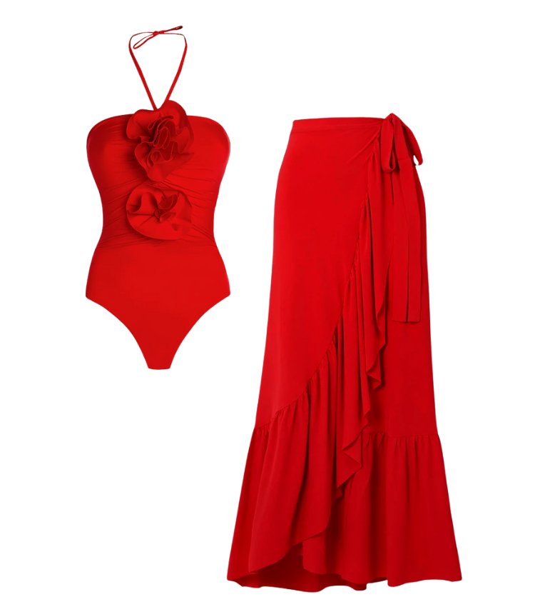 Halter 3D Flower One Piece Swimsuit and Skirt Flaxmaker