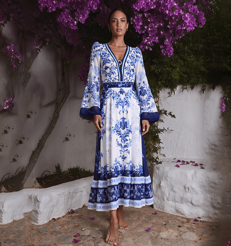 Long Sleeve Flower Color Block Print One Piece Swimsuit and Skirt/Pants