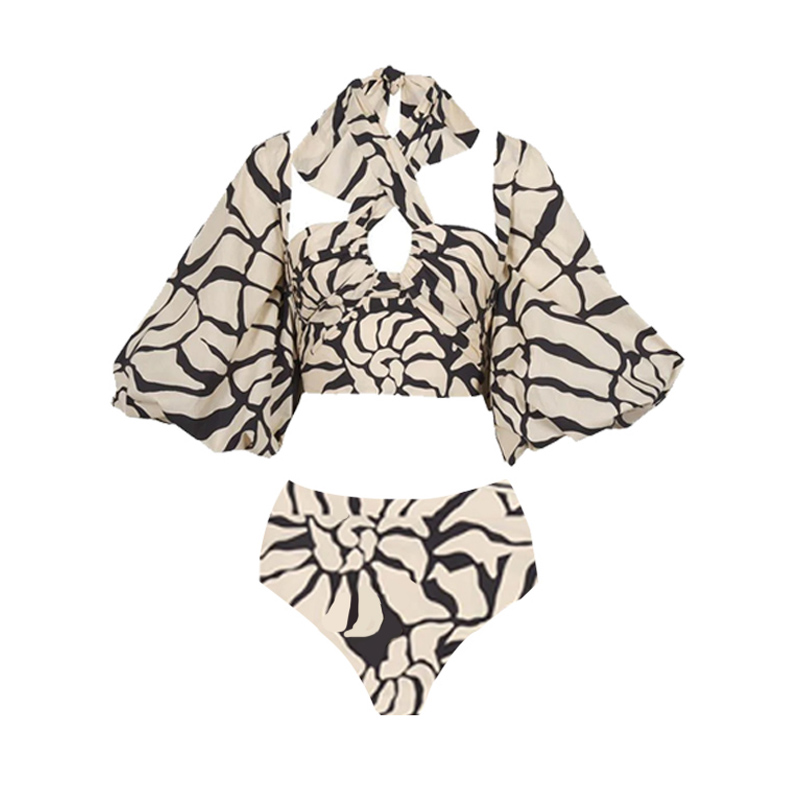 Detachable Puff Sleeves Printed High Waist Bikini Swimsuit and Skirt Flaxmaker