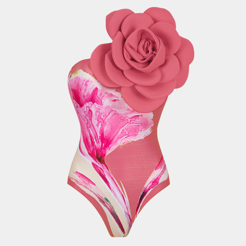3D Flower Printed One Piece Swimsuit and Skirt