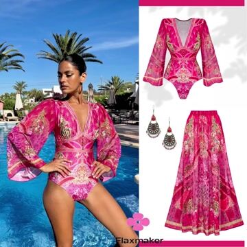 Long-sleeved Rose Red Blooming Flower Print One Piece Swimsuit and Skirt