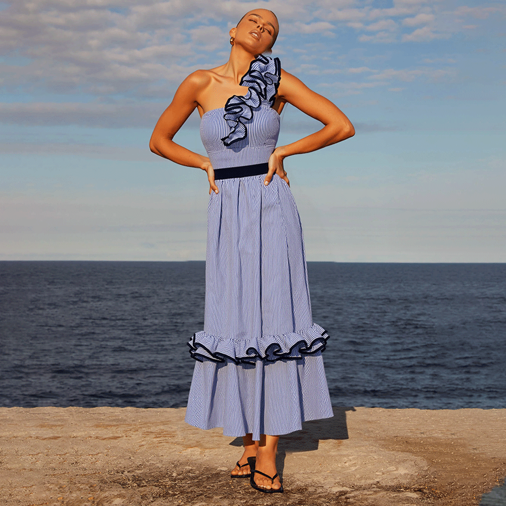 One Shoulder Ruffle Stripe Print One Piece Swimsuit and Skirt