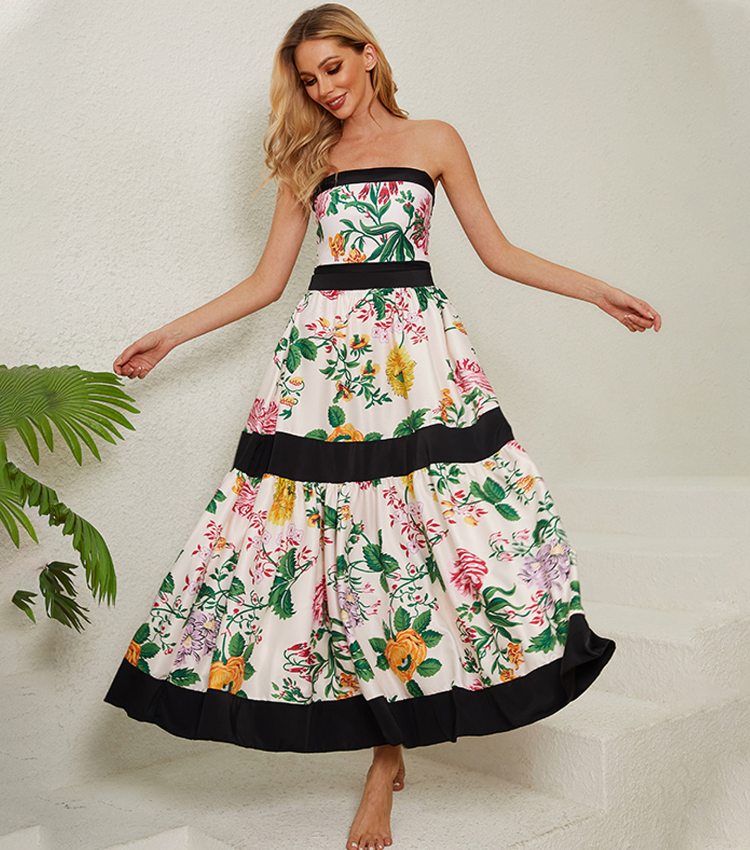 Off Shoulder Back Bow Tie Color Block Printed One Piece Swimsuit and Skirt Flaxmaker