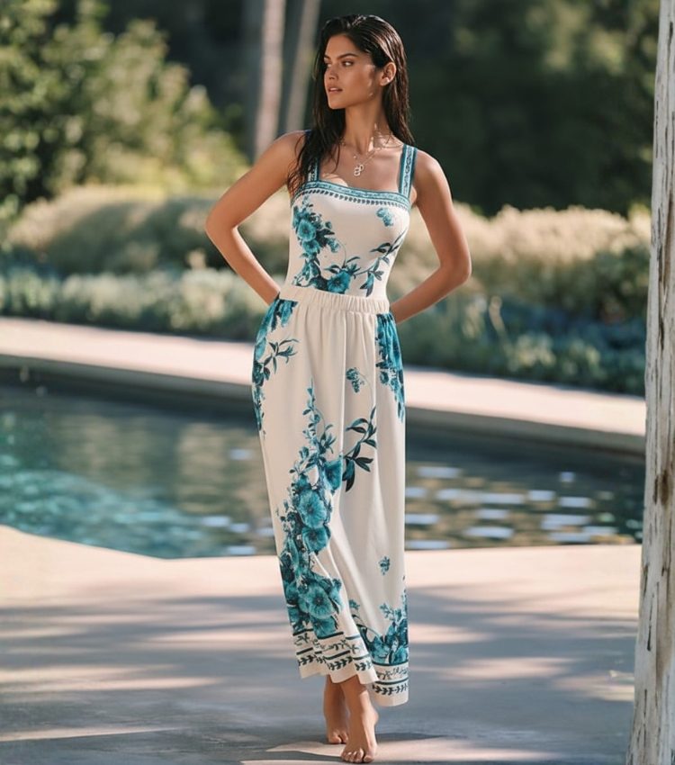 Dark Cyan Botanical Flower Print Swimsuit Set(s)