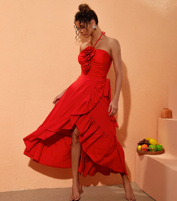 Halter 3D Flower One Piece Swimsuit and Skirt Flaxmaker