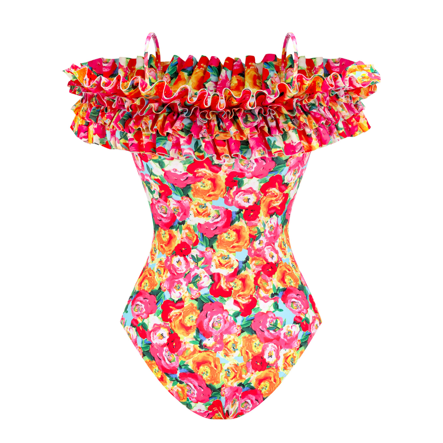 Detachable Double Shoulder Strap With Ruffles One Piece Swimsuit and Sarong Flaxmaker