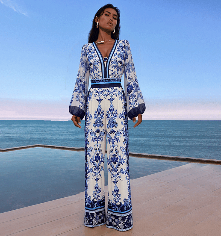 Long Sleeve Flower Color Block Print One Piece Swimsuit and Skirt/Pants