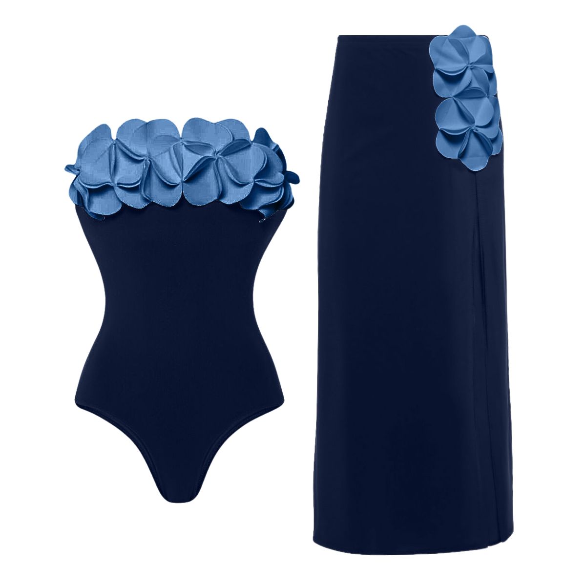 Bandeau 3D Flower One Piece Swimsuit and Skirt