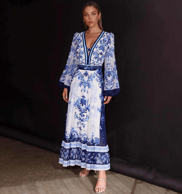 Long Sleeve Flower Color Block Print One Piece Swimsuit and Skirt/Pants