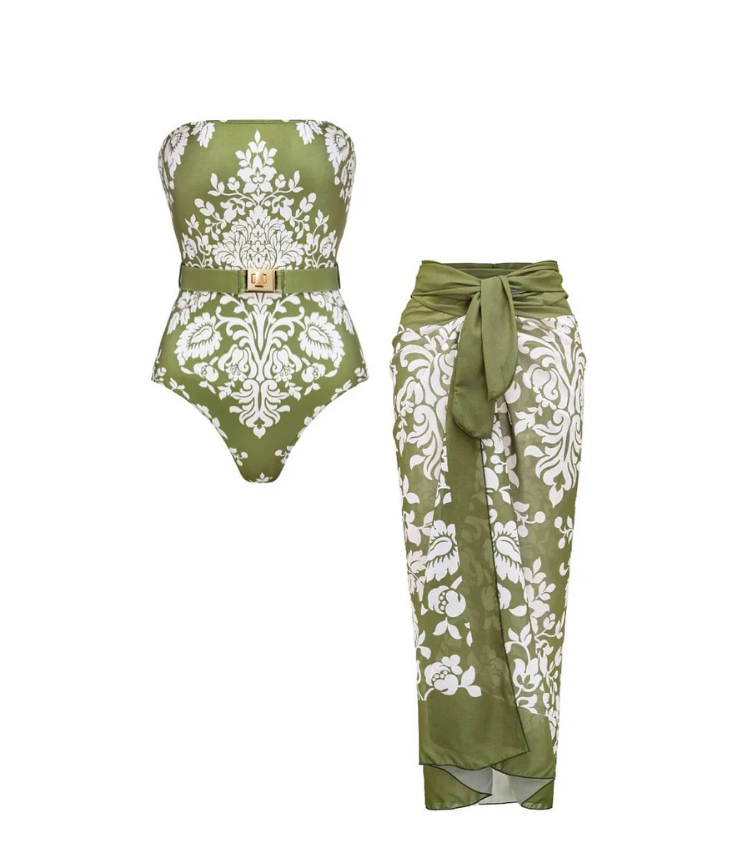 Retro Print Removable Belt Detail Sling One Piece Swimsuit and Sarong Flaxmaker