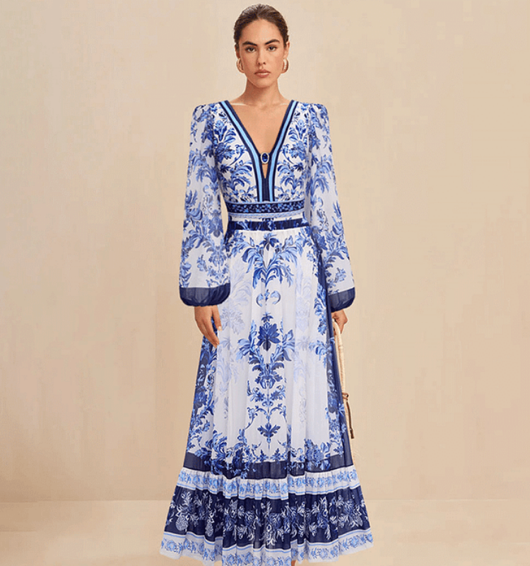 Long Sleeve Flower Color Block Print One Piece Swimsuit and Skirt/Pants