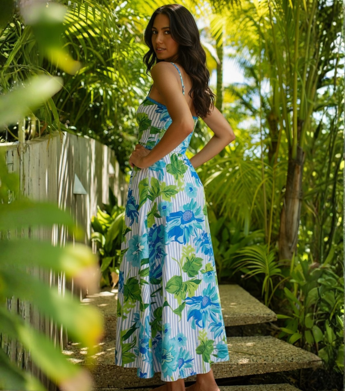 Blue Green Floral Stripe Spaghetti Strap Maxi Dress
