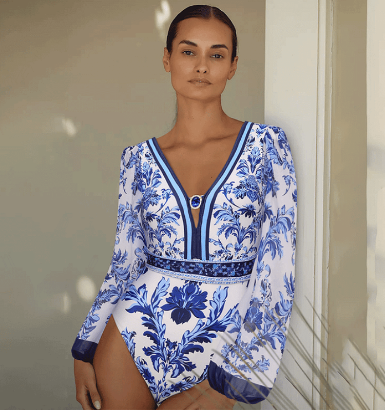 Long Sleeve Flower Color Block Print One Piece Swimsuit and Skirt/Pants