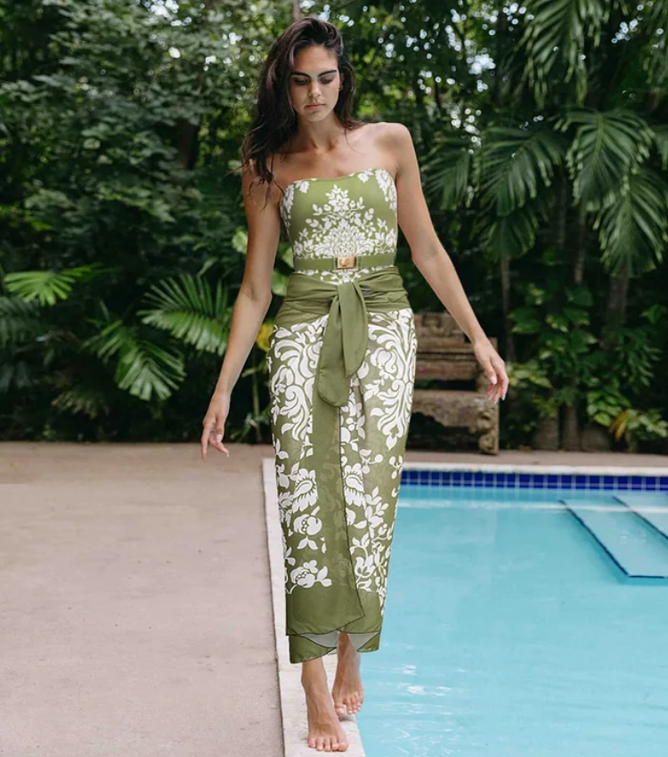 Retro Print Removable Belt Detail Sling One Piece Swimsuit and Sarong Flaxmaker