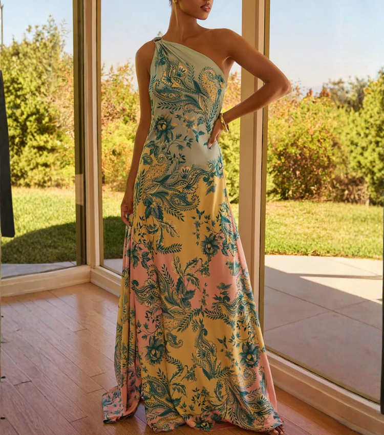 Oblique Shoulder  Printed Dress