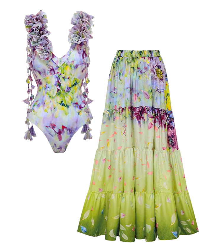 Gradient Flowers Printed One Piece Swimsuit and Skirt