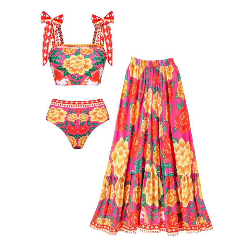 Tie-shoulder Flower Print Bikini Swimsuit and Skirt Flaxmaker