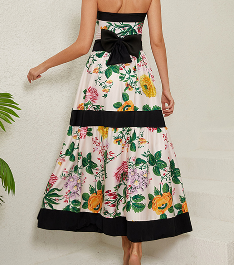 Off Shoulder Back Bow Tie Color Block Printed One Piece Swimsuit and Skirt Flaxmaker