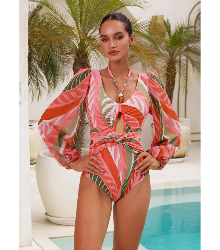 Long-sleeved Artificial Stone Decor One Piece Swimsuit and Skirt Flaxmaker