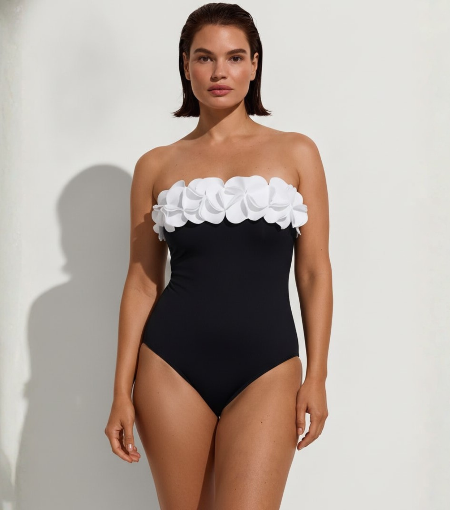 Plus Size Bandeau 3D Flower Color Block One Piece Swimsuit And Skirt