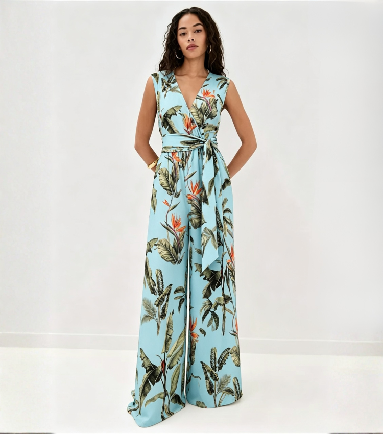 Light Blue Tropical Palm Sleeveless Wrap Jumpsuit