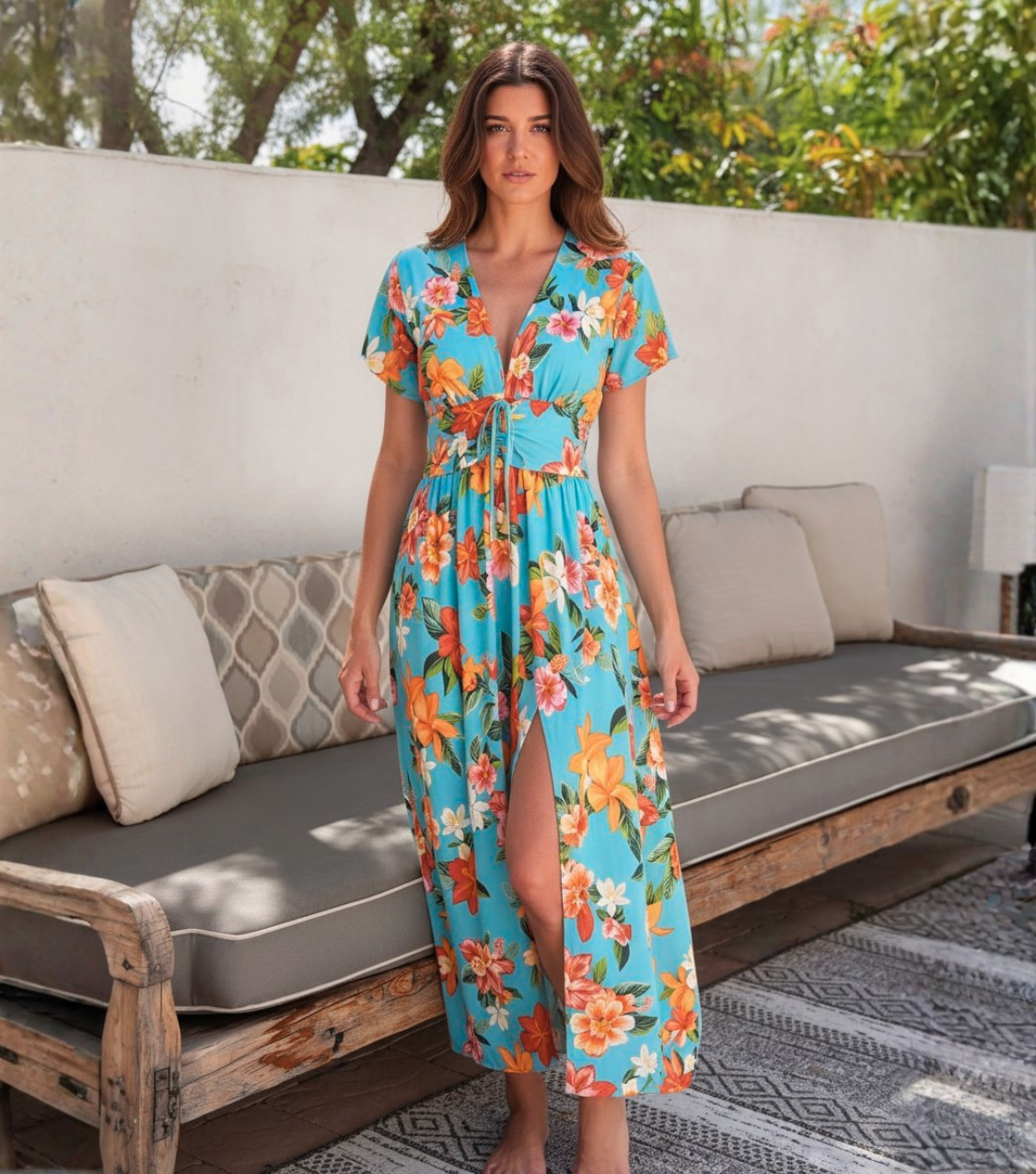 Turquoise Floral Short Sleeve Wrap Midi Dress