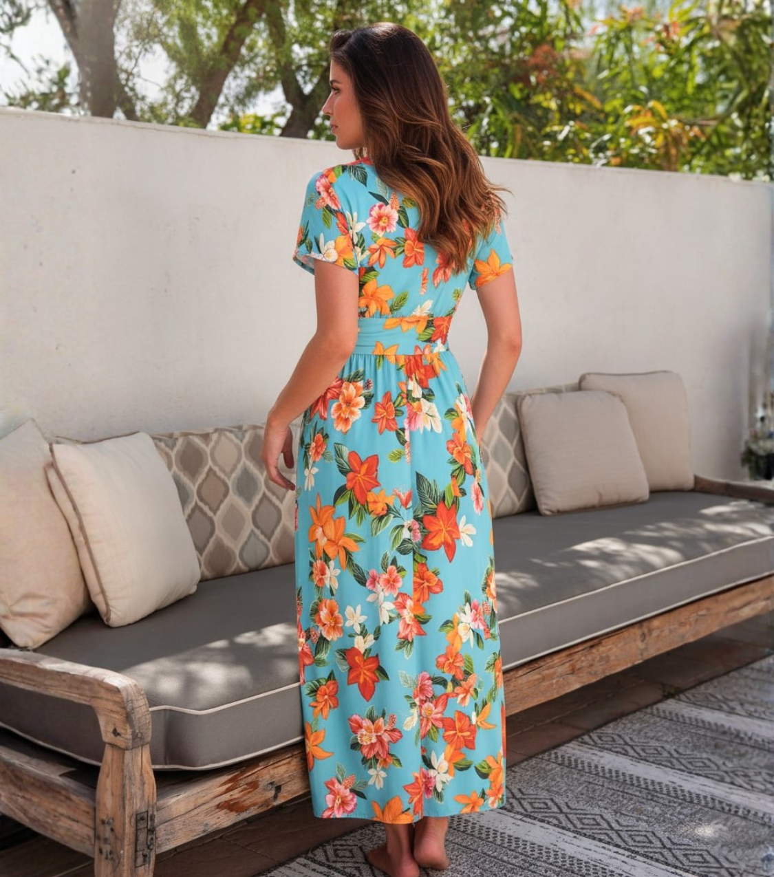 Turquoise Floral Short Sleeve Wrap Midi Dress