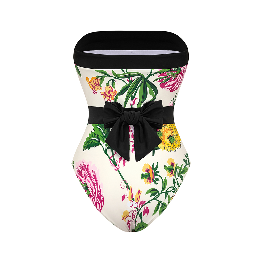 Off Shoulder Back Bow Tie Color Block Printed One Piece Swimsuit and Skirt Flaxmaker