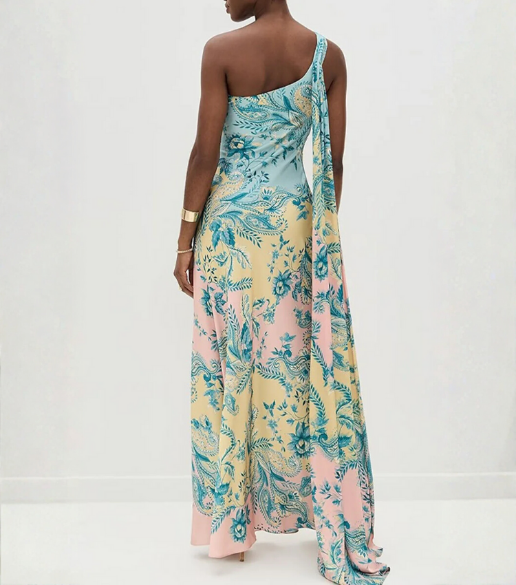 Oblique Shoulder  Printed Dress