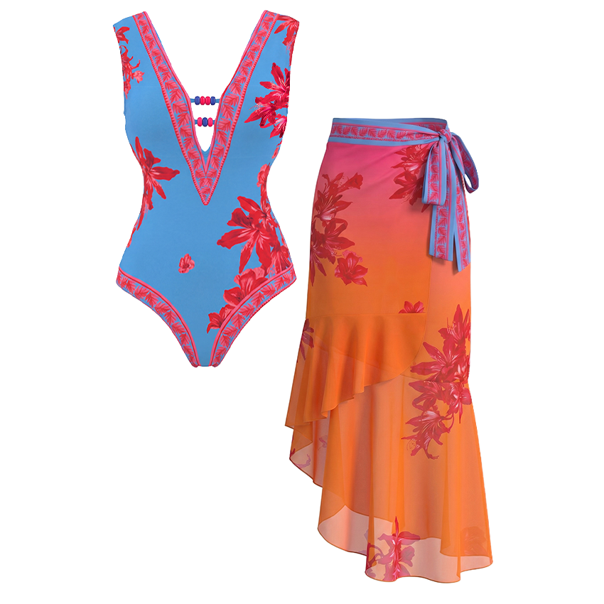 [Copy]V Neck Pale Pink Ombre Flower Print Swimsuit Set(s)