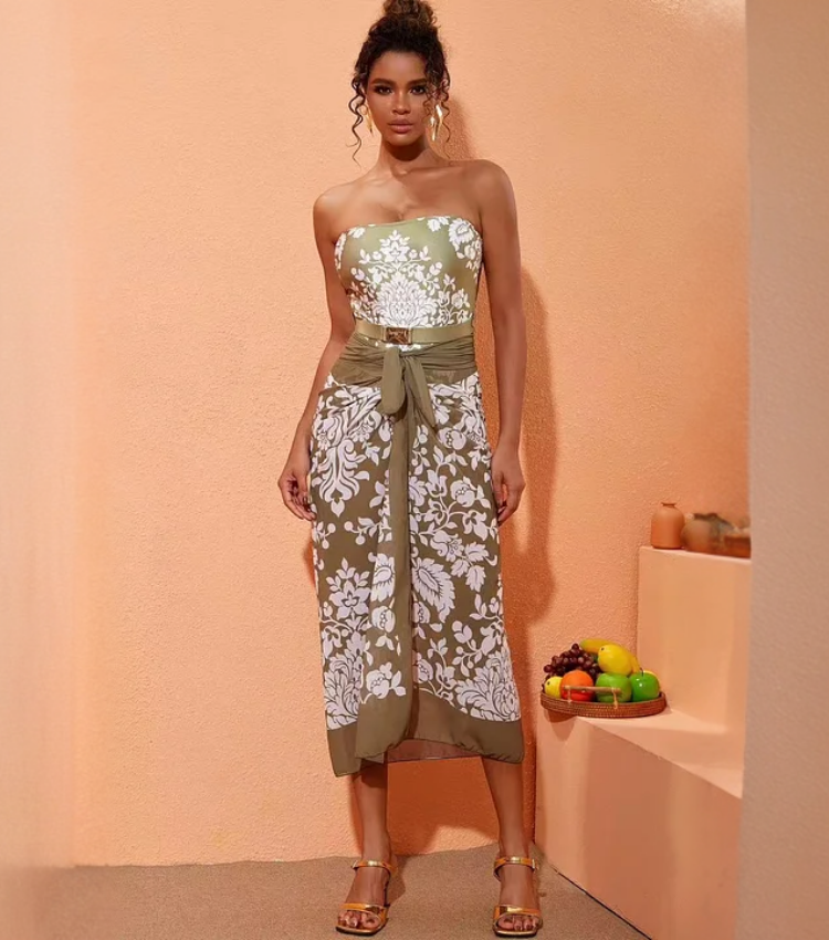 Retro Print Removable Belt Detail Sling One Piece Swimsuit and Sarong Flaxmaker