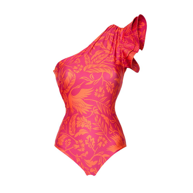 Ruffle One Shoulder Printed One Piece Swimsuit and Skirt Flaxmaker