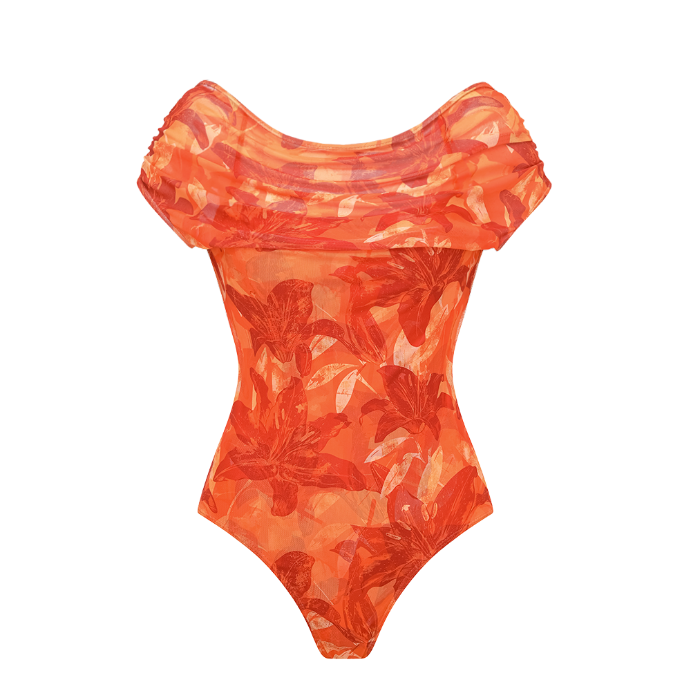 Orange Lily Print One Piece Swimsuit and Sarong (Multiple ways to wear)