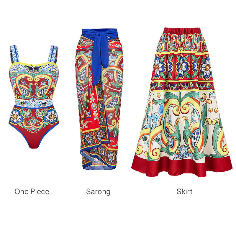 Sling Printed One Piece Swimsuit and Skirt Flaxmaker