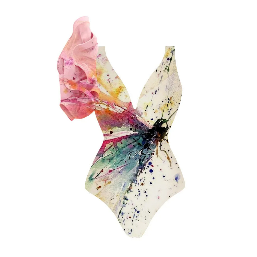 V Neck Ruffle Butterfly Print One Piece Swimsuit and Sarong Flaxmaker