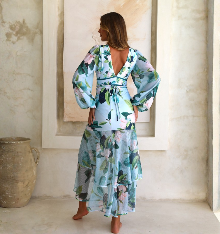 Long-sleeved Mangnolia Print One Piece Swimsuit and Skirt