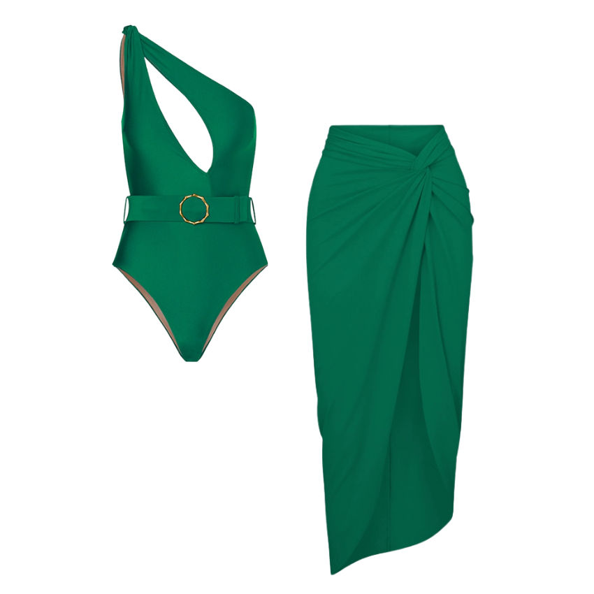 Flaxmaker Emerald Lconic One Shoulder Cut Out Belt One Piece Swimsuit and Sarong