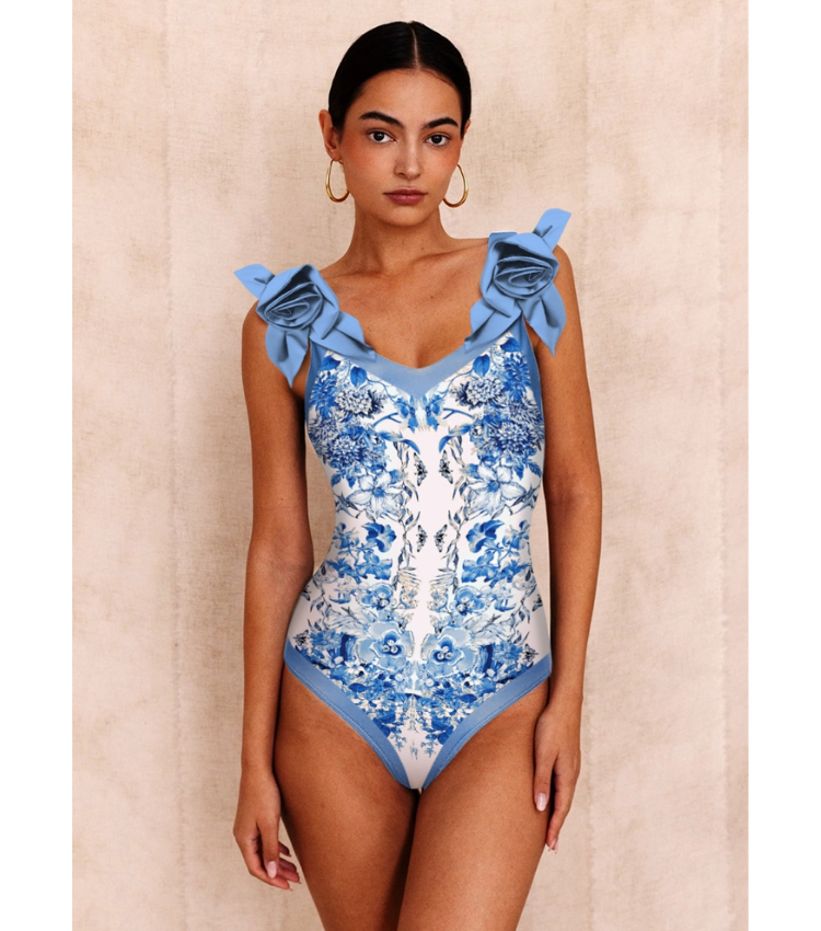 3D Flower Maiolica Print One Piece Swimsuit and Skirt Flaxmaker