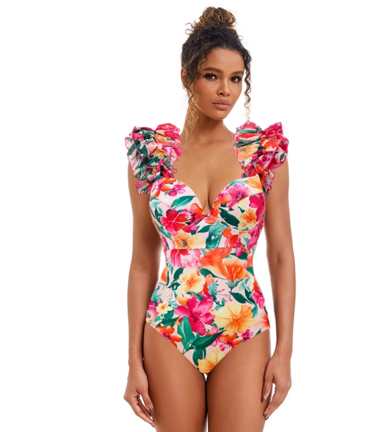 Sling Ruffle Fabric Stitching One Piece Swimsuit and Skirt