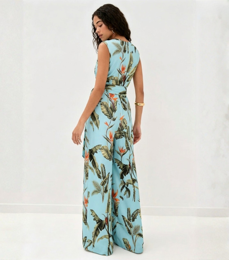 Light Blue Tropical Palm Sleeveless Wrap Jumpsuit
