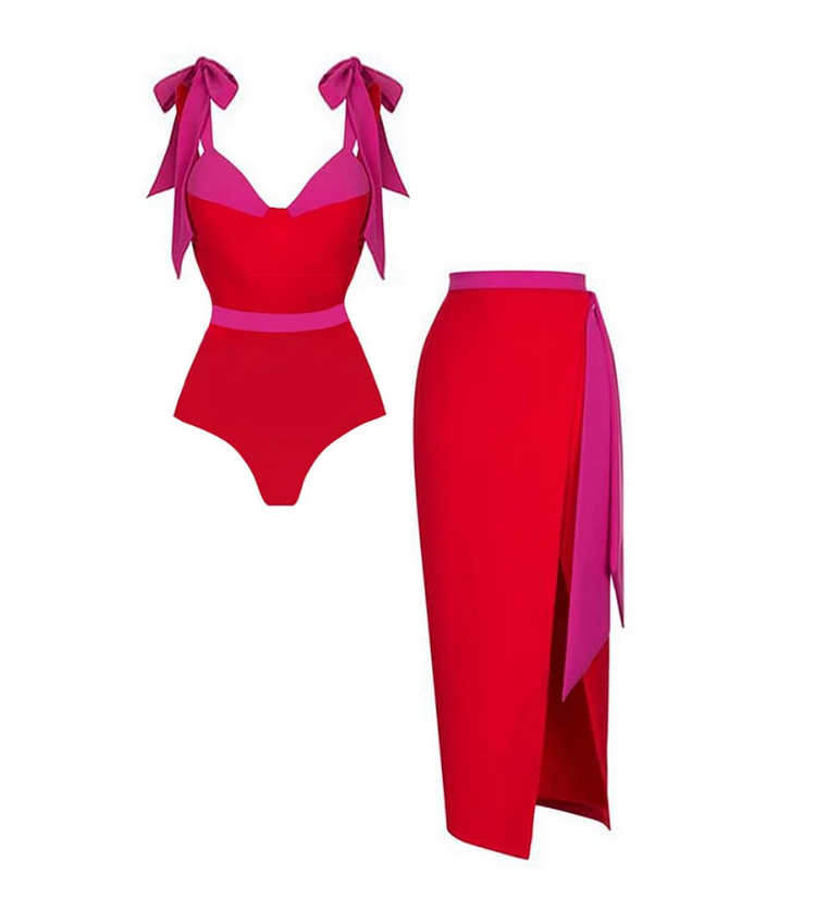 Tie-shoulder Underwired Color Block One Piece Swimsuit and Skirt Flaxmaker