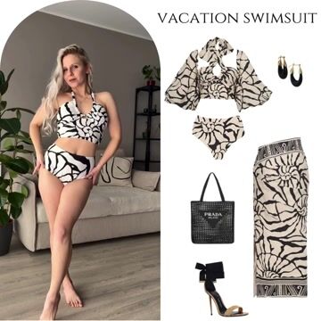 Detachable Puff Sleeves Printed High Waist Bikini Swimsuit and Skirt Flaxmaker