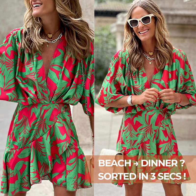 V Neck Ruffle Printed Mini Dress