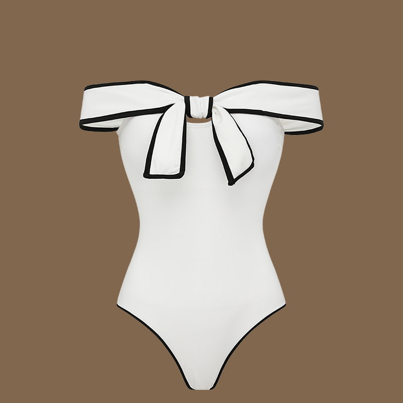 Plus Size Black and White Open Shoulder Bowknot One Piece Swimsuit and Skirt