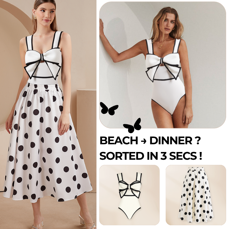 Bow Front Cutout Black and White One Piece Swimsuit and Skirt Flaxmaker
