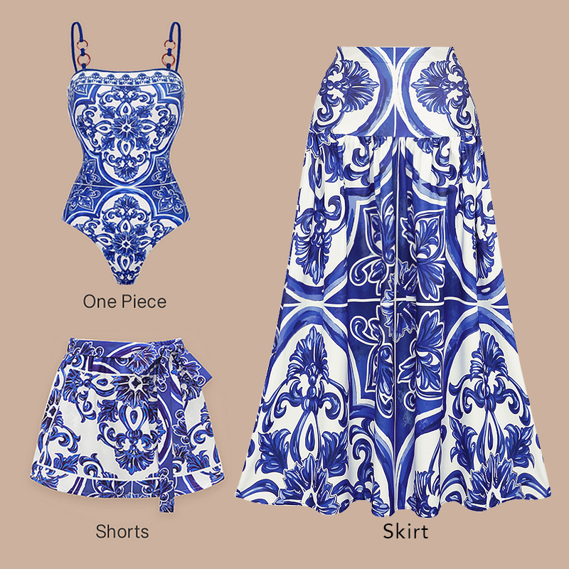 Sling Classic Majolica Series Pattern Print One Piece Swimsuit and Skirt or Shorts