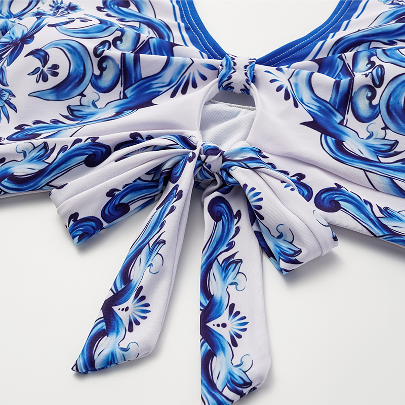 Ruffle V Neck Blue Majolica Print High Waist Bikini Swimsuit and Skirt or Pants