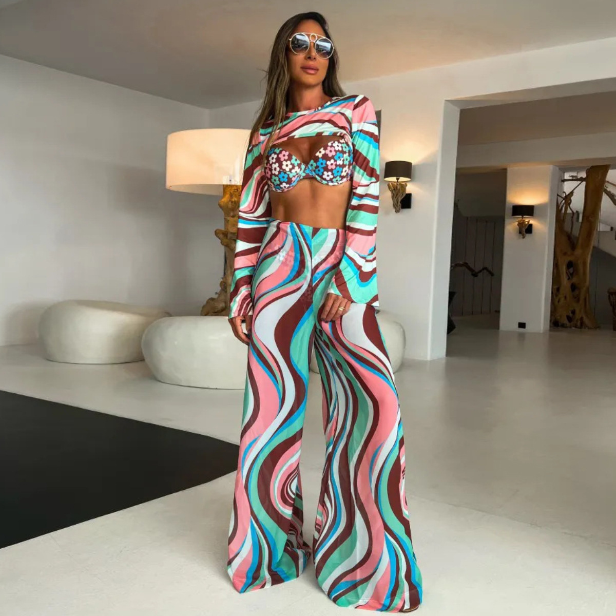 Long Sleeve  Floral Print Bikini Swimsuit and Pants