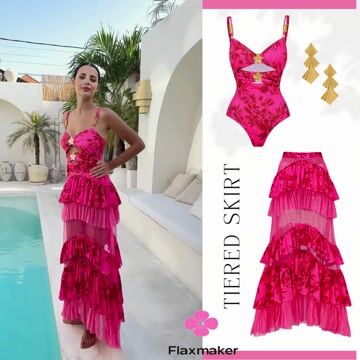 Rose Red Flower Print Cutout One Piece Swimsuit and Tiered Skirt